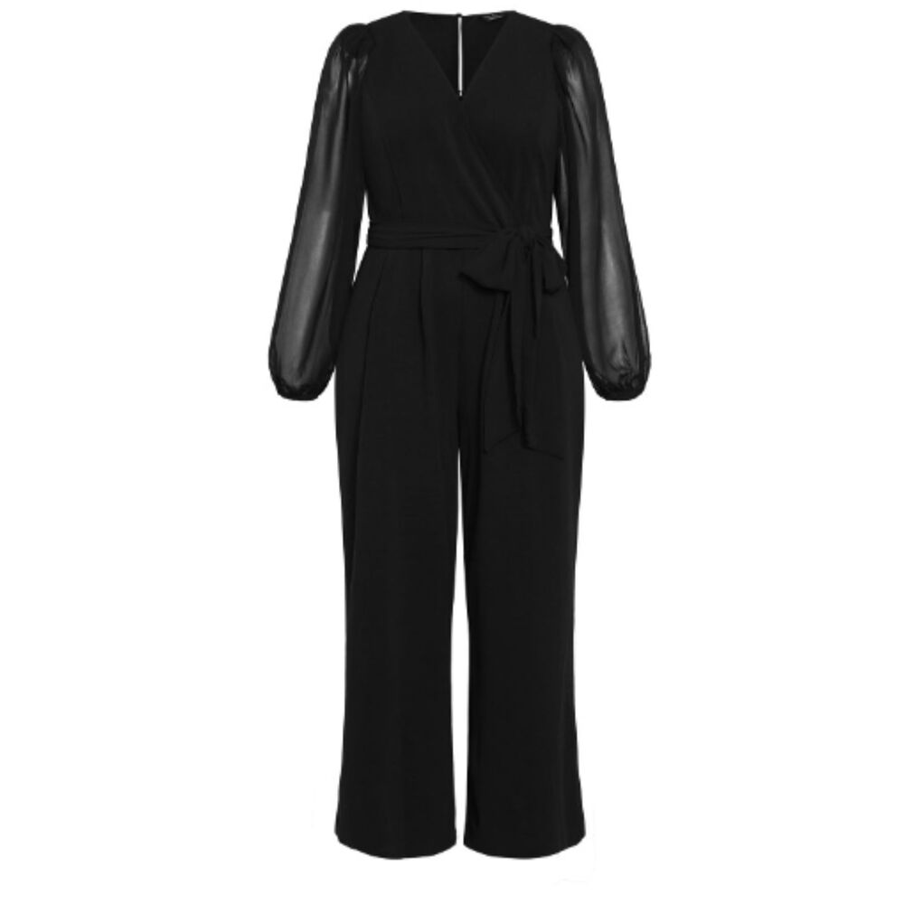 City Chic Jumpsuit Black 22 Black Wrap Wide Leg V Neck Belted Semi Formal Romper - Picture 3 of 5